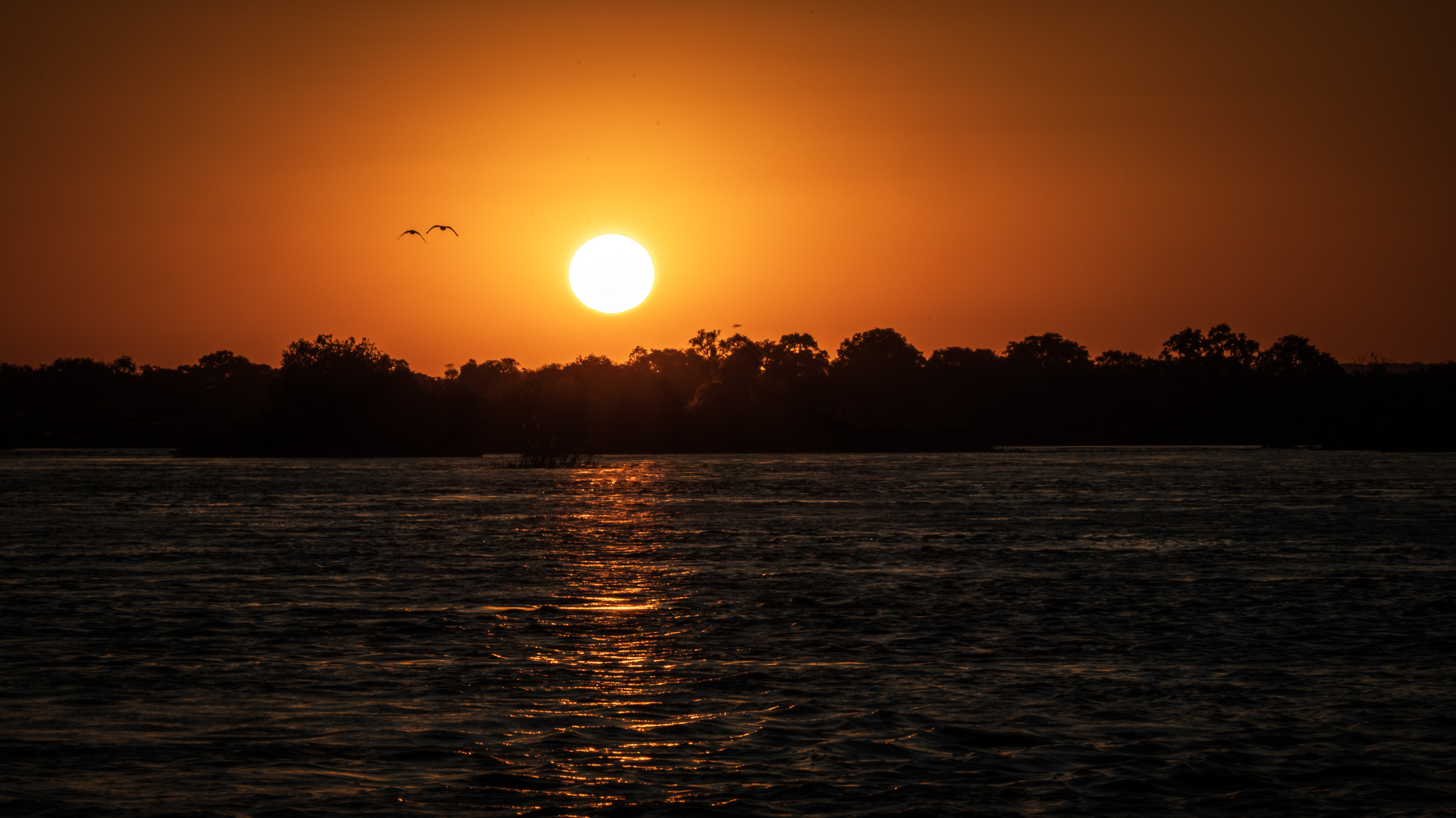 Orange African sunset over a wide river, two birds in silhouette flying across the sun, reflection rippling on the water
