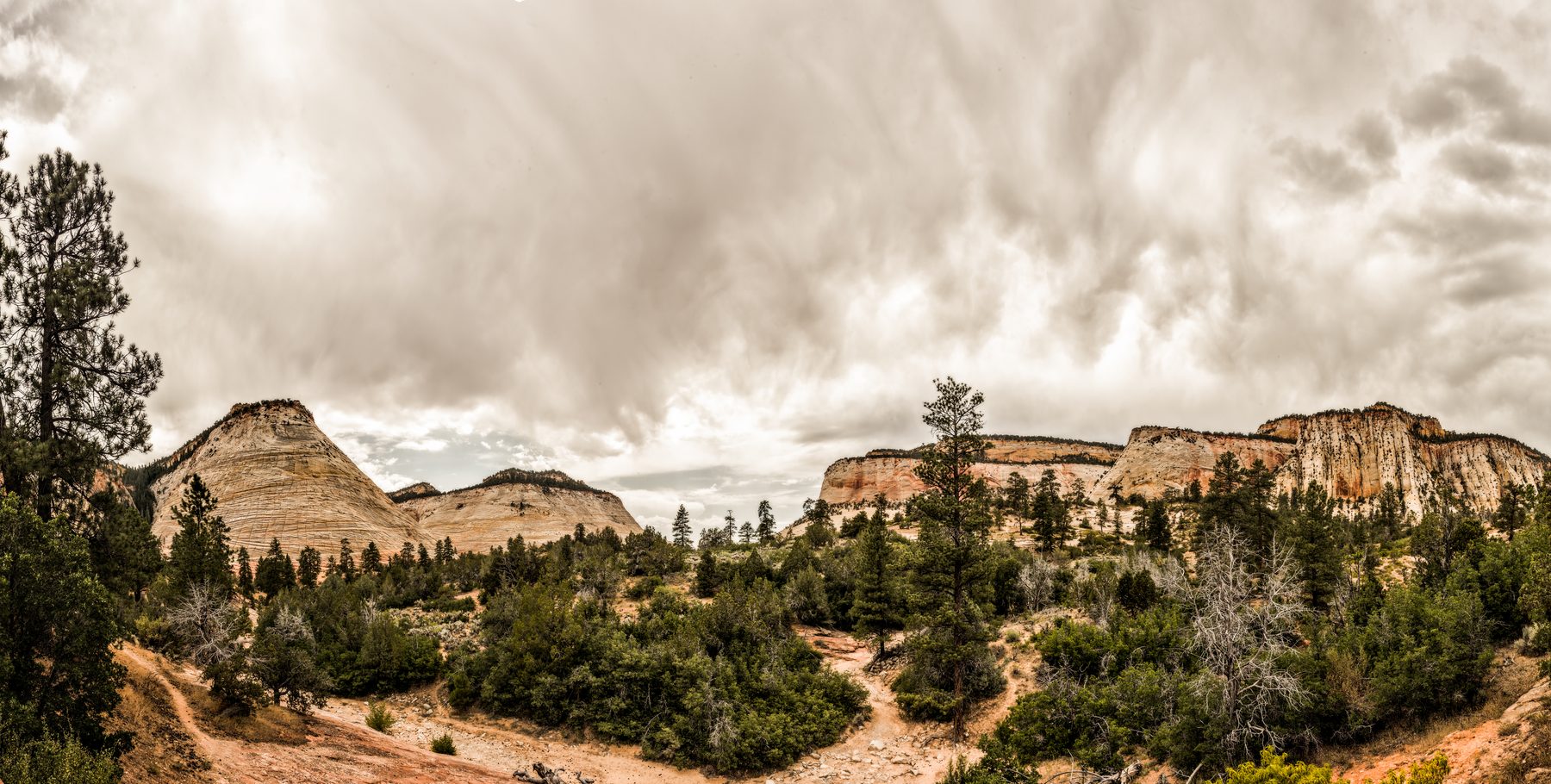 Pale sandstone domes and scattered junipers beneath a churning storm sky