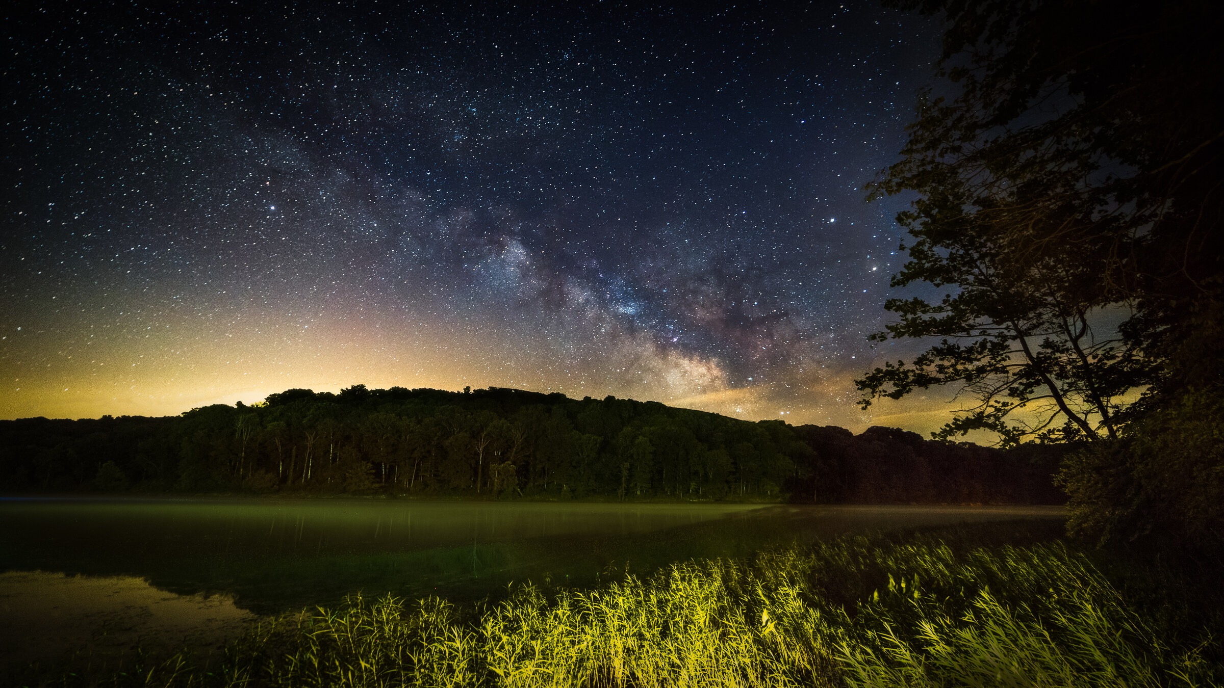 Wide landscape of the Milky Way core rising over a forested lake at night, grasses lit in the foreground, mist on the water